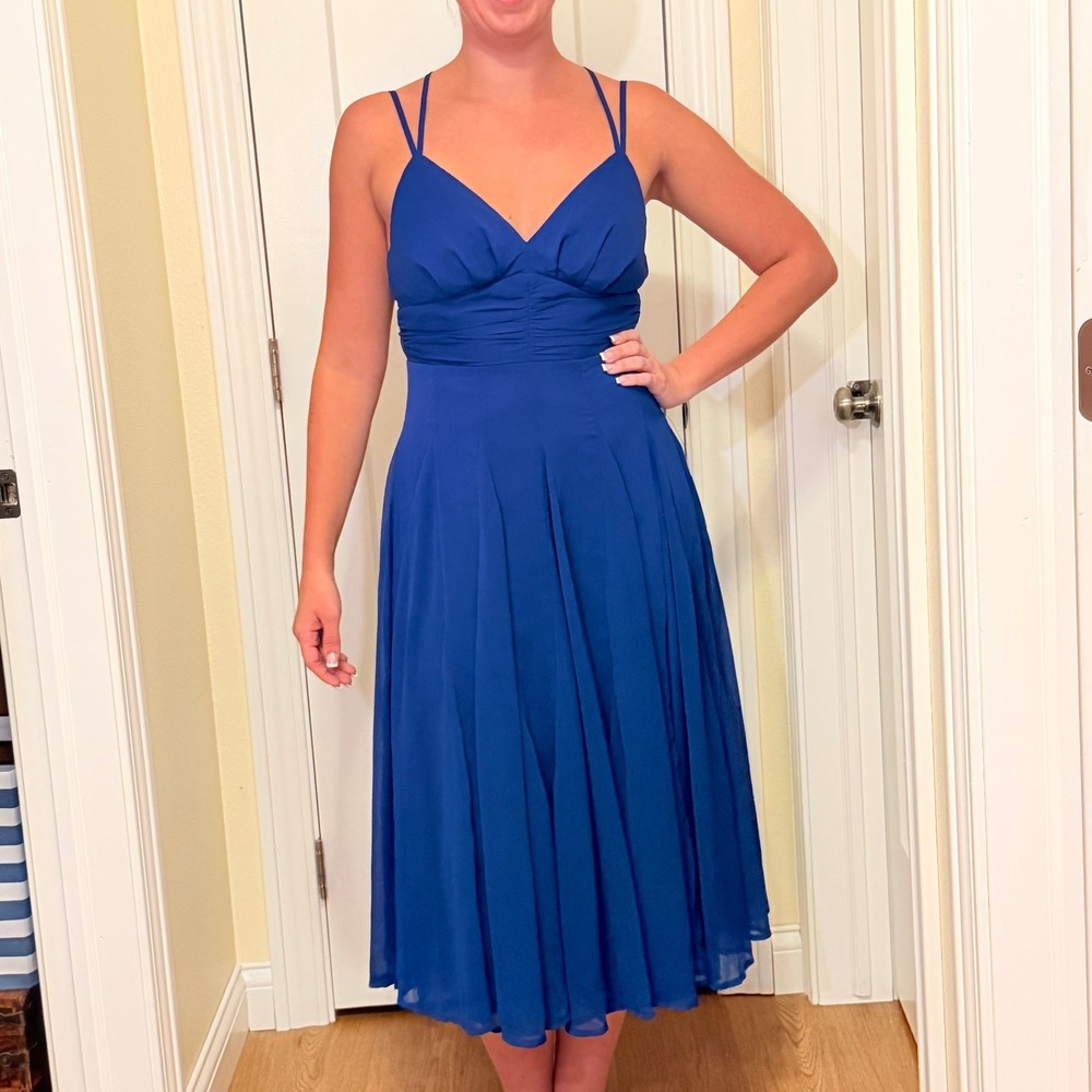 NWT Royal Blue Lulu's 4 strap midi dress MEDIUM Flare Skirt Wedding DWTS Party